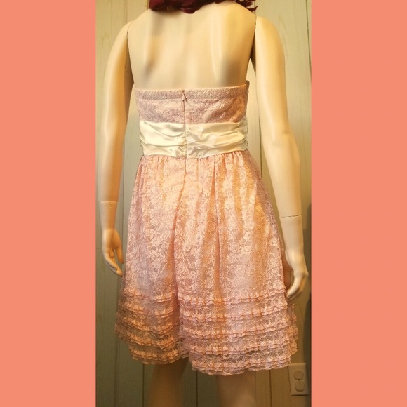 Retro Glam Coquette Pink Chantilly Lace Strapless Sweetheart Prom Party Dress - Picture 7 of 9
